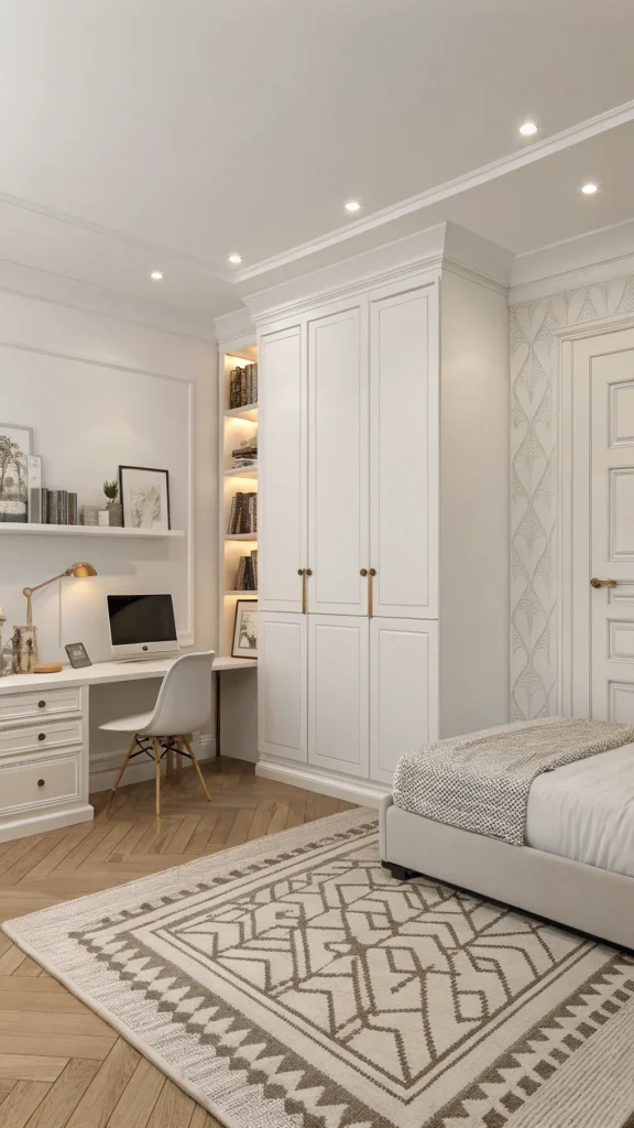 A minimalist chic teenager's bedroom with a white color palette, simple furniture, and a cozy rug.