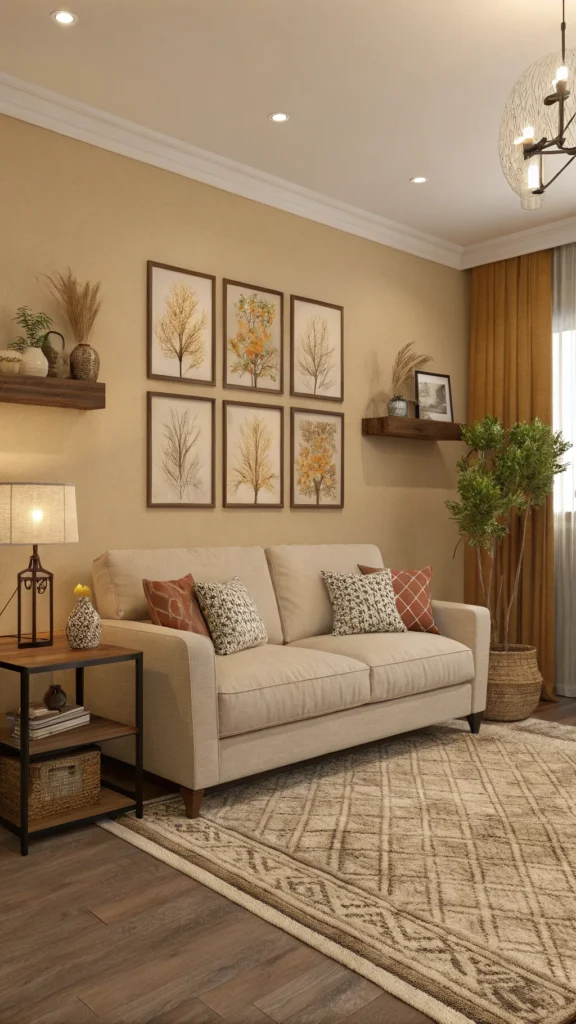 A cozy living room setting featuring a soft beige sofa, decorative accessories, and a warm color palette.