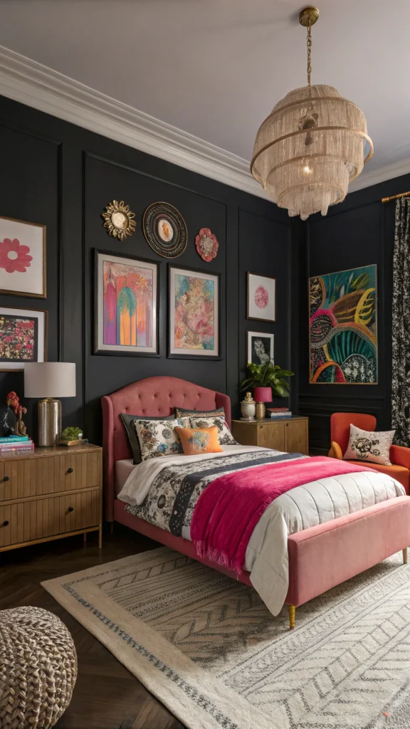 A stylish teen girl's bedroom with dark walls, bold art, and eclectic decor