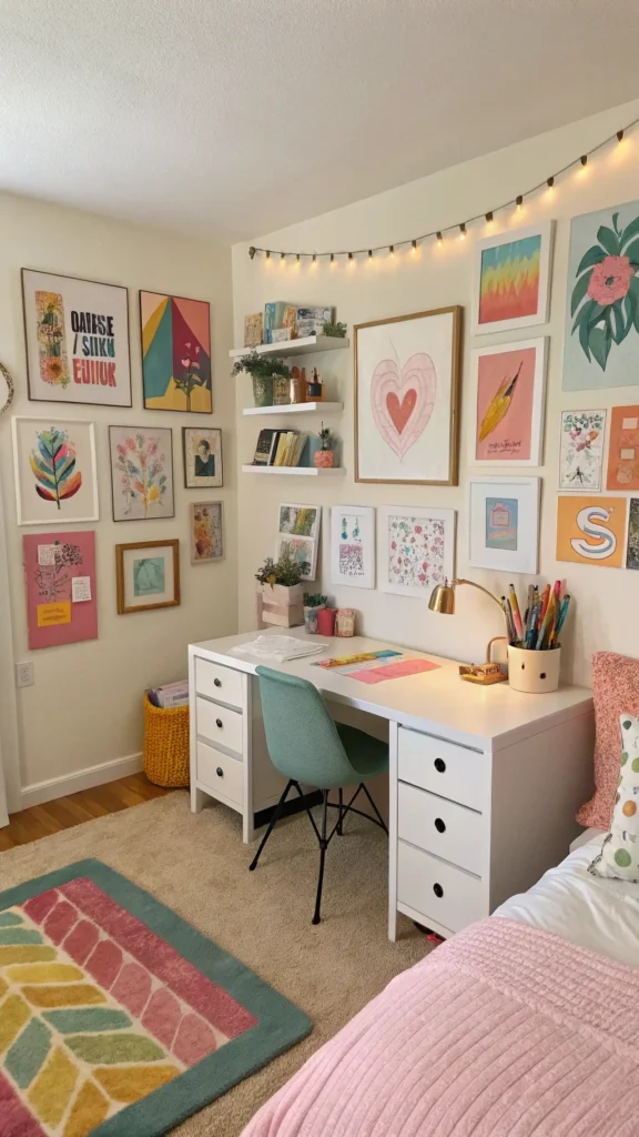 A bright and colorful teen girl bedroom setup featuring an artistic workspace with various artworks on the walls and a cozy desk area.