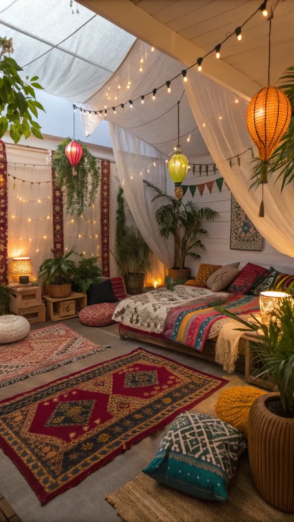 A cozy bohemian-style bedroom with colorful textiles, plants, and a relaxed atmosphere.