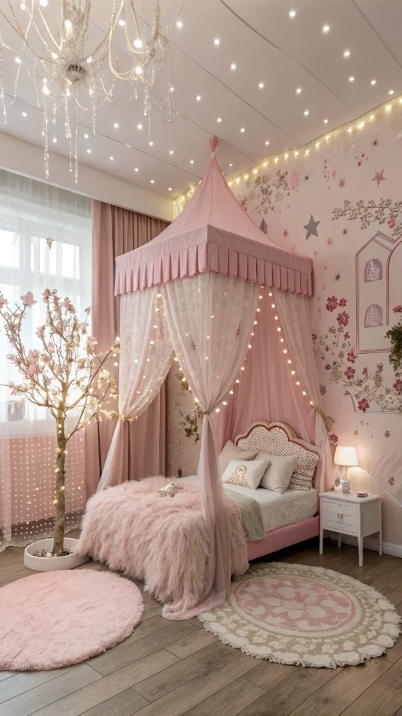 A whimsical fairy tale inspired bedroom with pink decor, fairy lights, and soft bedding.