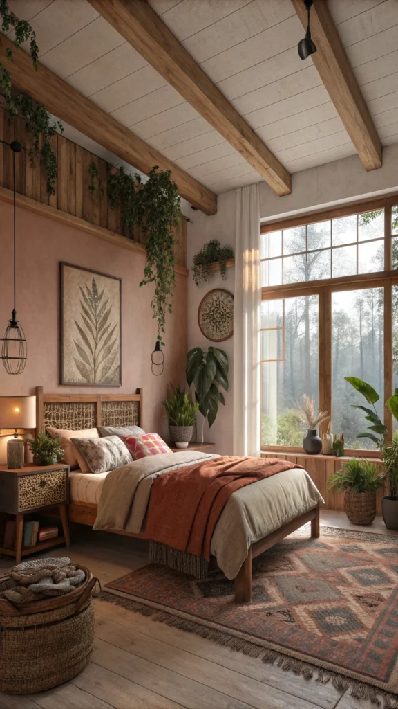 A cozy bedroom with plants, natural materials, and earthy tones.