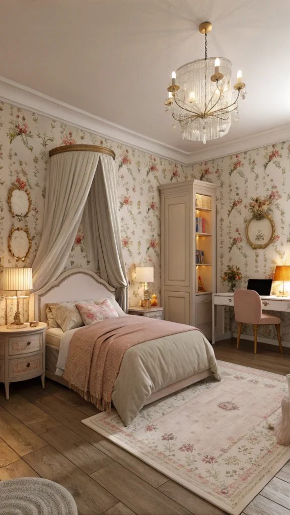 A vintage-inspired teen girl's bedroom with floral wallpaper, warm lighting, and cozy furnishings.