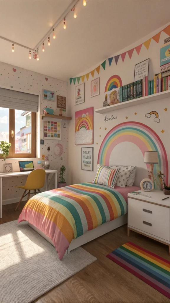 A cozy teen bedroom with rainbow decor and bright accents