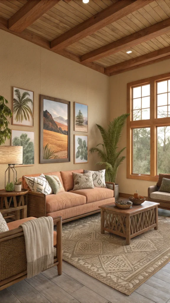 A cozy living room featuring earth-toned decor and natural-themed artwork.