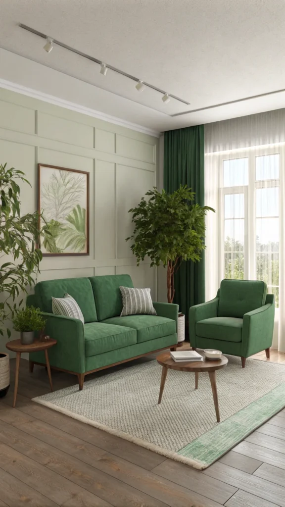 Living room featuring  green furniture with 1 plant