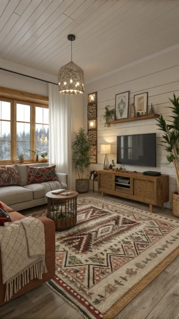 A cozy living room with layered rugs, showcasing a mix of textures and inviting decor.