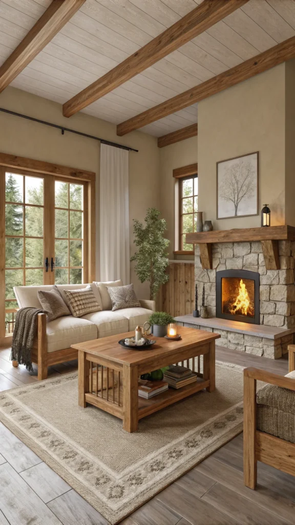 Cozy living room with natural wood furniture and earthy decor.