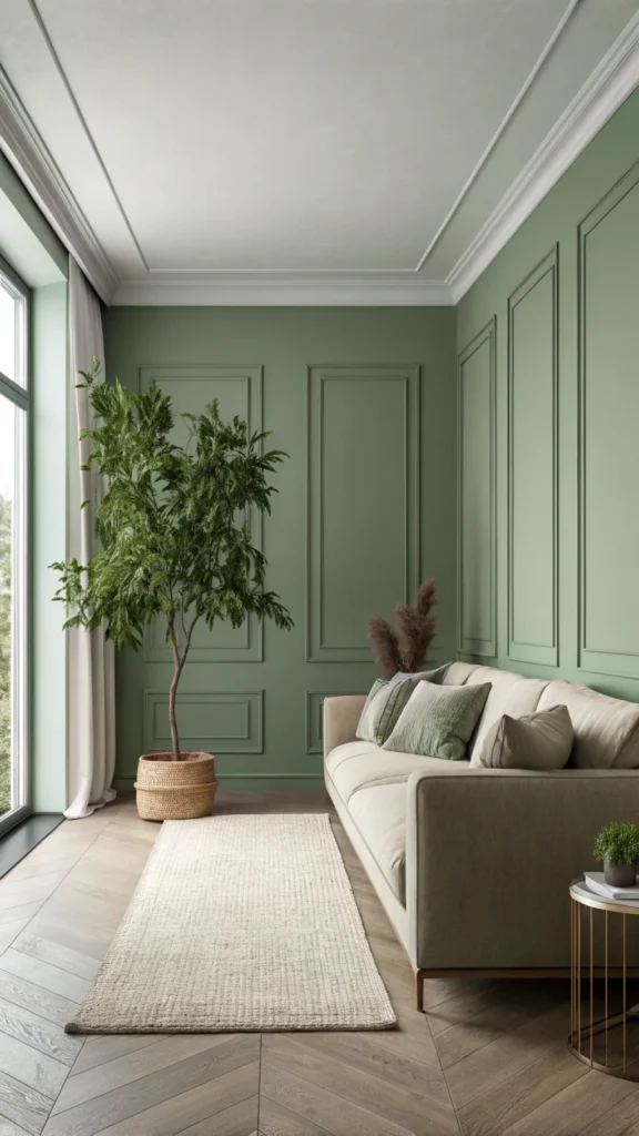 A minimalist living room with muted green walls, a cozy sofa, and various plants.