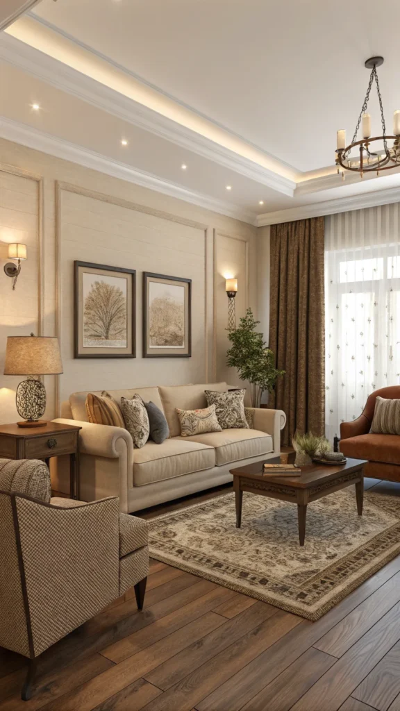 Cozy living room decor featuring neutral color palettes with earthy tones and comfortable furniture.