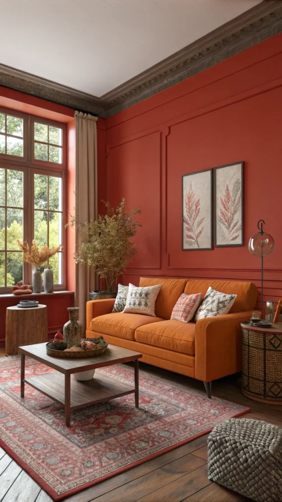 A cozy living room featuring vibrant red walls and orange furniture, creating an energetic atmosphere.