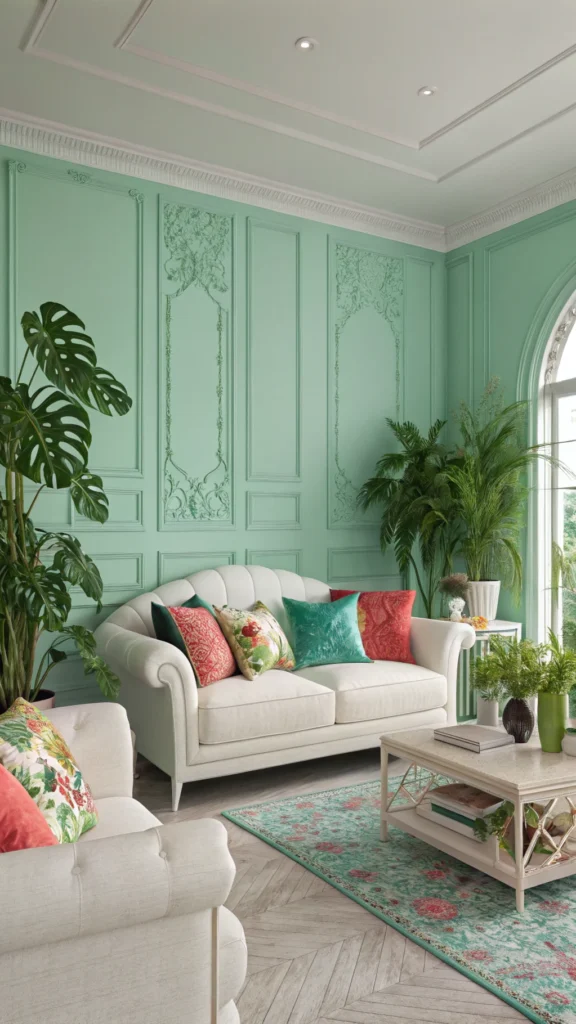 A stylish living room with mint green walls and white furniture, featuring vibrant cushions and plants.