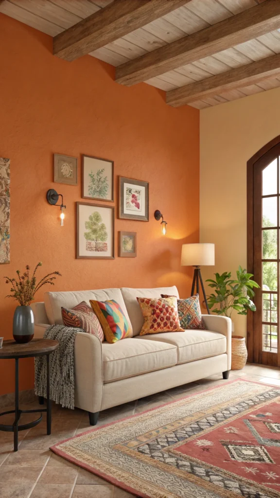 A cozy living room with warm orange walls, a light sofa with colorful cushions, and soft lighting.