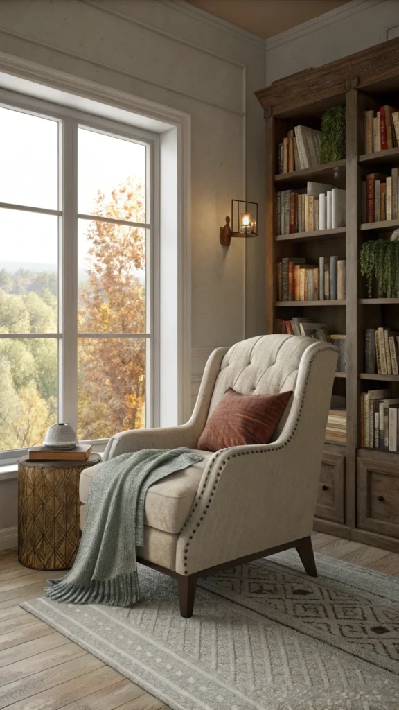 Cozy reading corner with a chair, blanket, and bookshelf