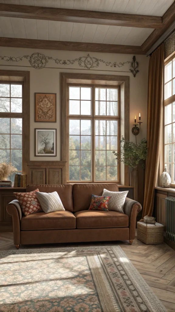 Cozy living room with a brown couch and decorative wall.