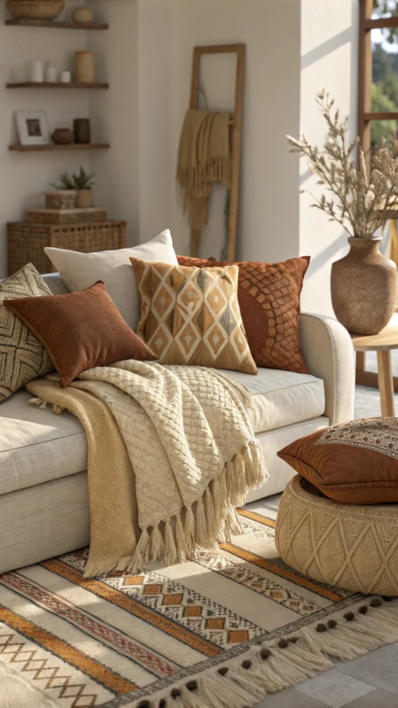 A collection of pillows and throws in warm neutral tones, showcasing various textures.