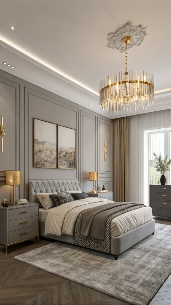 Elegant bedroom with gray walls, gold chandelier, and modern decor.