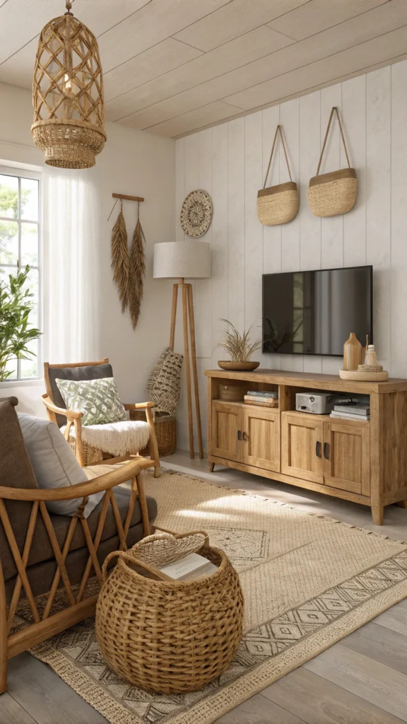 A cozy living space featuring wooden furniture, woven baskets, and a neutral color palette.