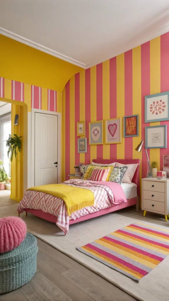 A vibrant bedroom with bright yellow and pink striped wall, complemented by colorful bedding.