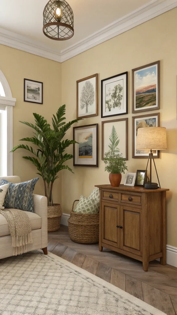 Warm neutral wall decor with framed art and a potted plant in a cozy room.