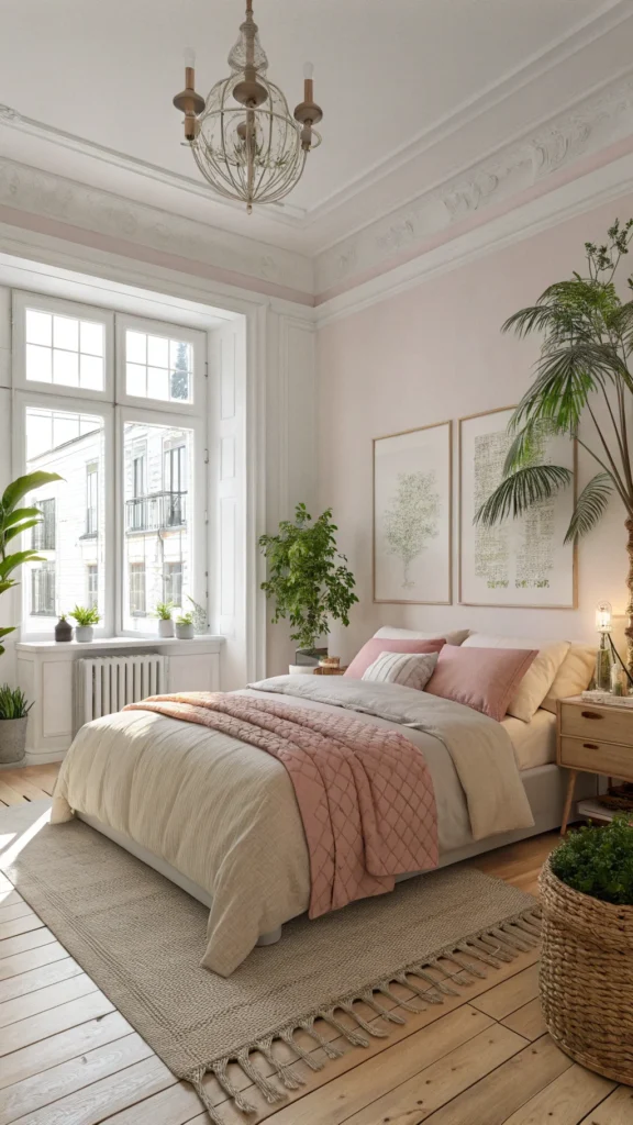 A calming bedroom featuring soft pastel colors with a cozy bed, plants, and natural light.