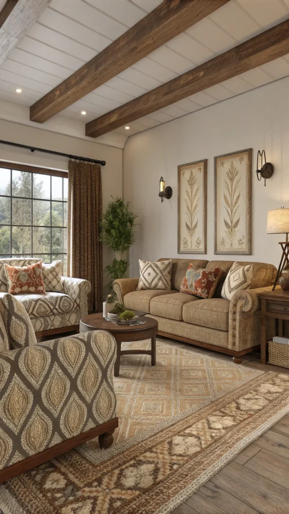 A cozy living room showcasing earth tone decor, featuring patterned sofas and textured elements.