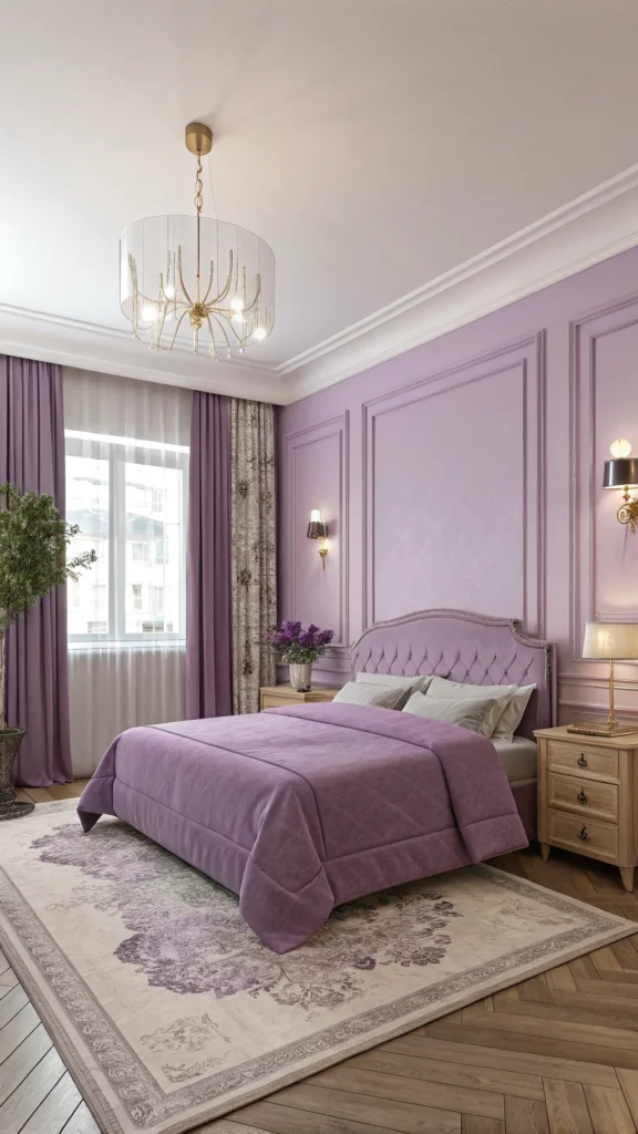 A cozy bedroom featuring lilac walls, sheer drapes, and fairy lights, creating a magical atmosphere.