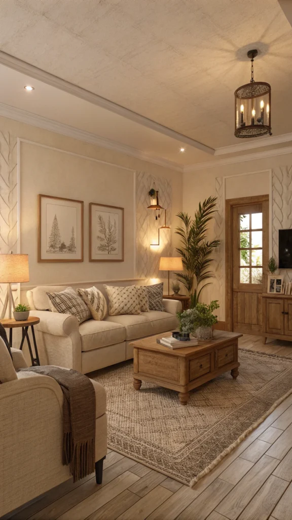 A cozy living room featuring warm lighting and beige decor.