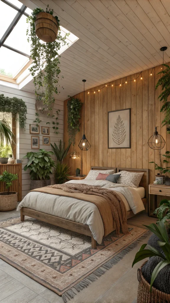 A cozy bedroom with plants, earthy tones, and natural decor.