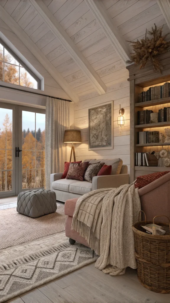 A cozy sitting room with layered textiles including throws and cushions.