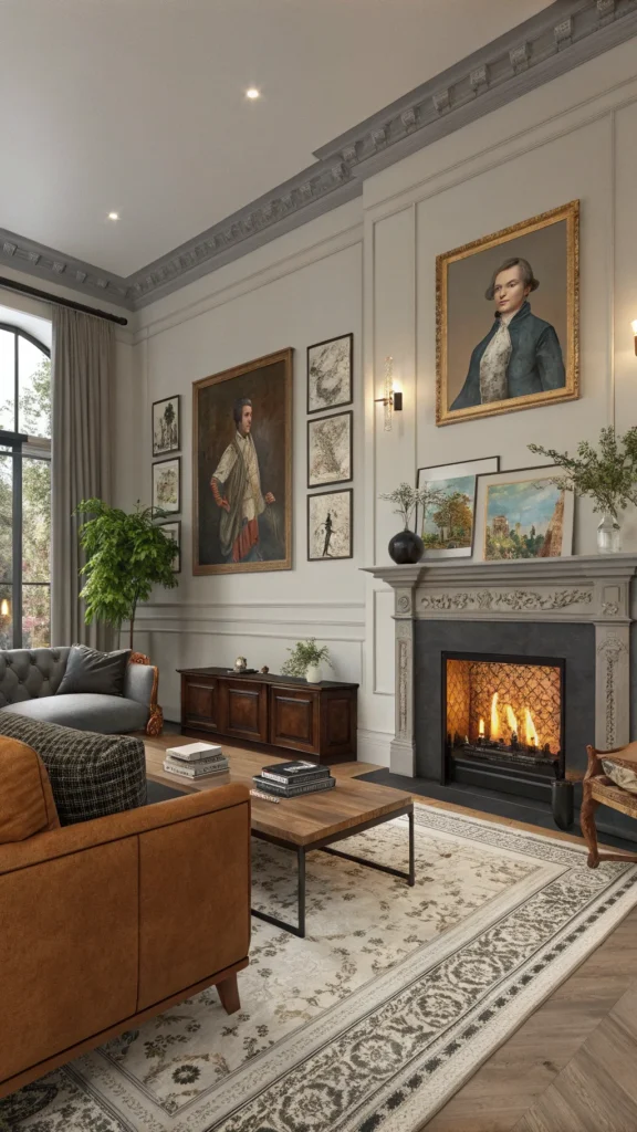 A modern living room with colonial-inspired elements, featuring portraits and a cozy fireplace.