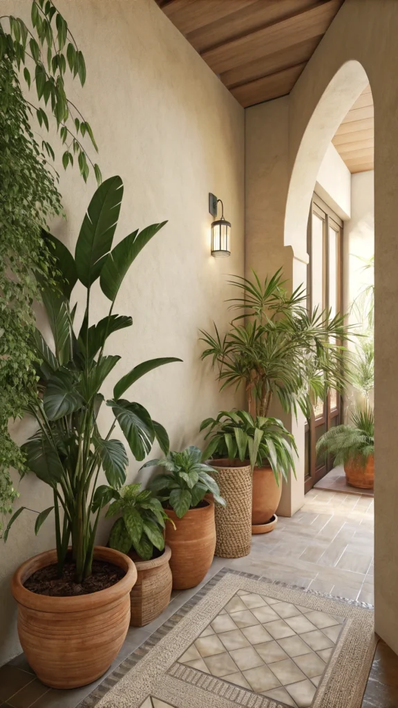 A cozy corner filled with various green plants in terracotta pots, enhancing a warm neutral space.