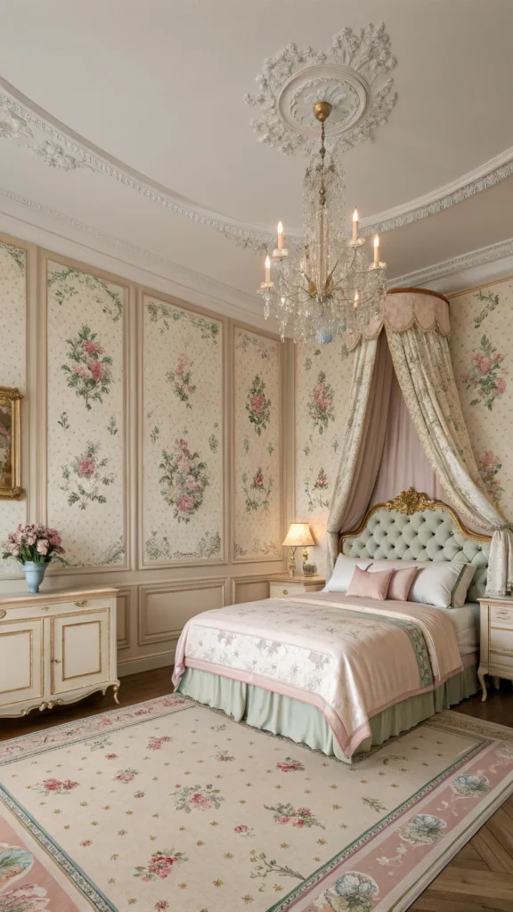 A beautifully decorated vintage bedroom featuring floral patterns, soft accents, and elegant decor.