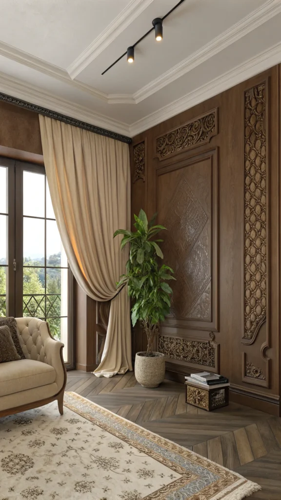 A cozy living space with a brown accent wall, beige curtains, and a decorative plant.