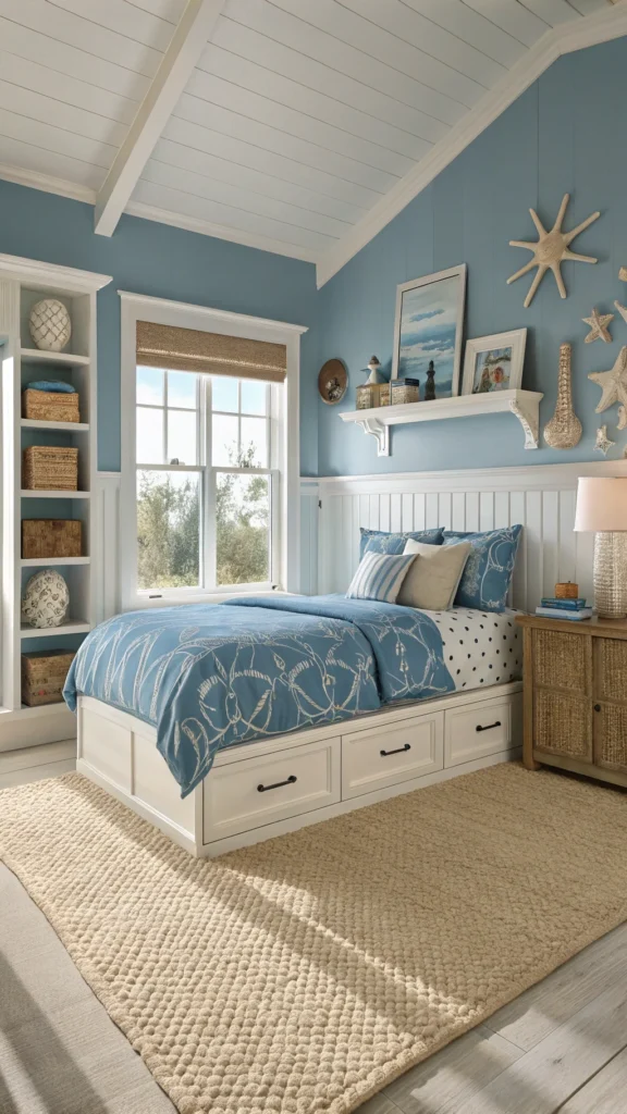 A cozy teen bedroom featuring ocean-inspired blues and sandy neutrals, with blue bedding and a light beige rug.