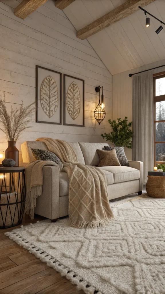 Cozy living room with layered textures including a sofa, throws, and a fluffy rug