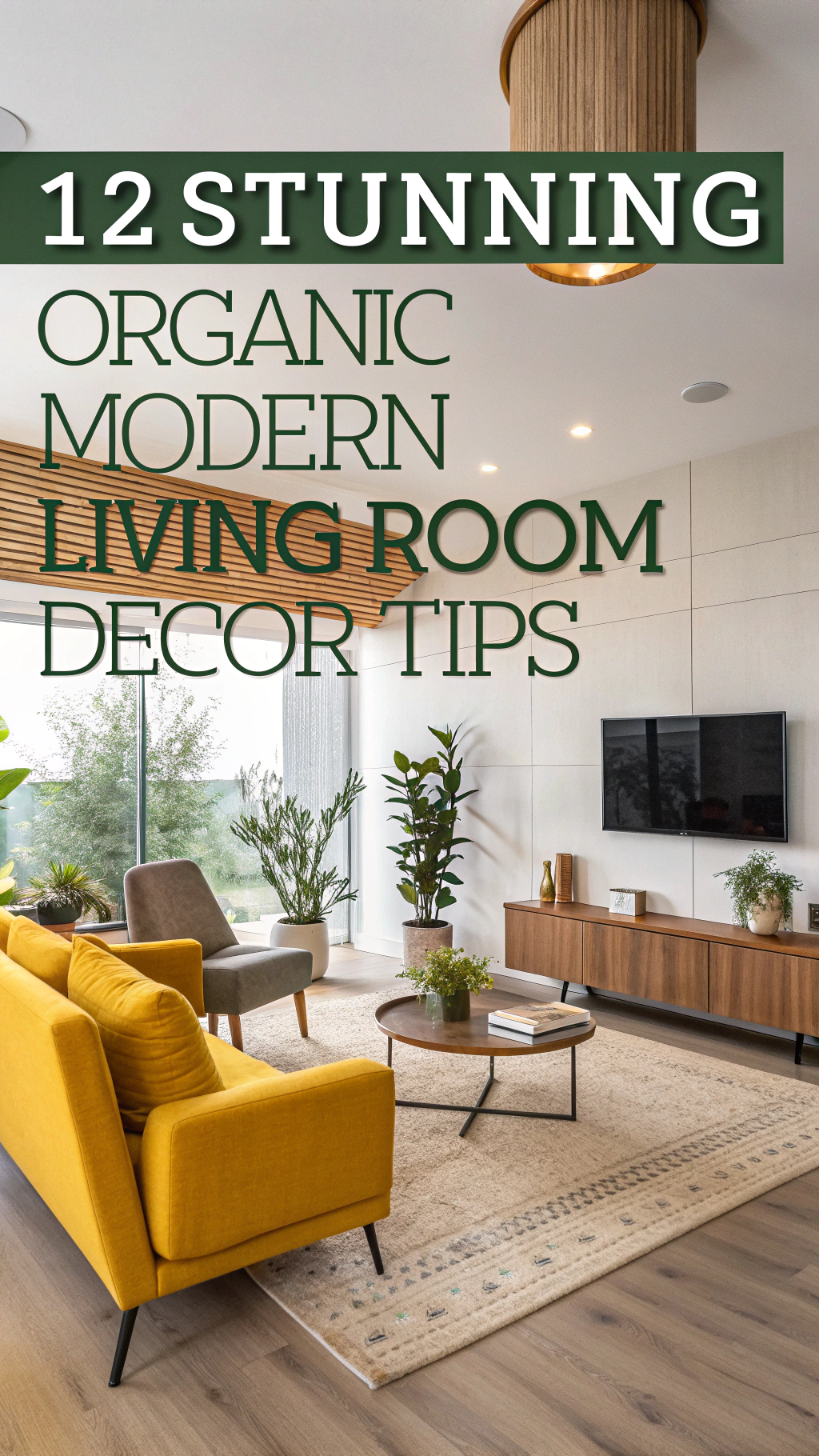 Create an eye-catching image with the title:12 Stunning Organic Modern Living Room Decor Tips