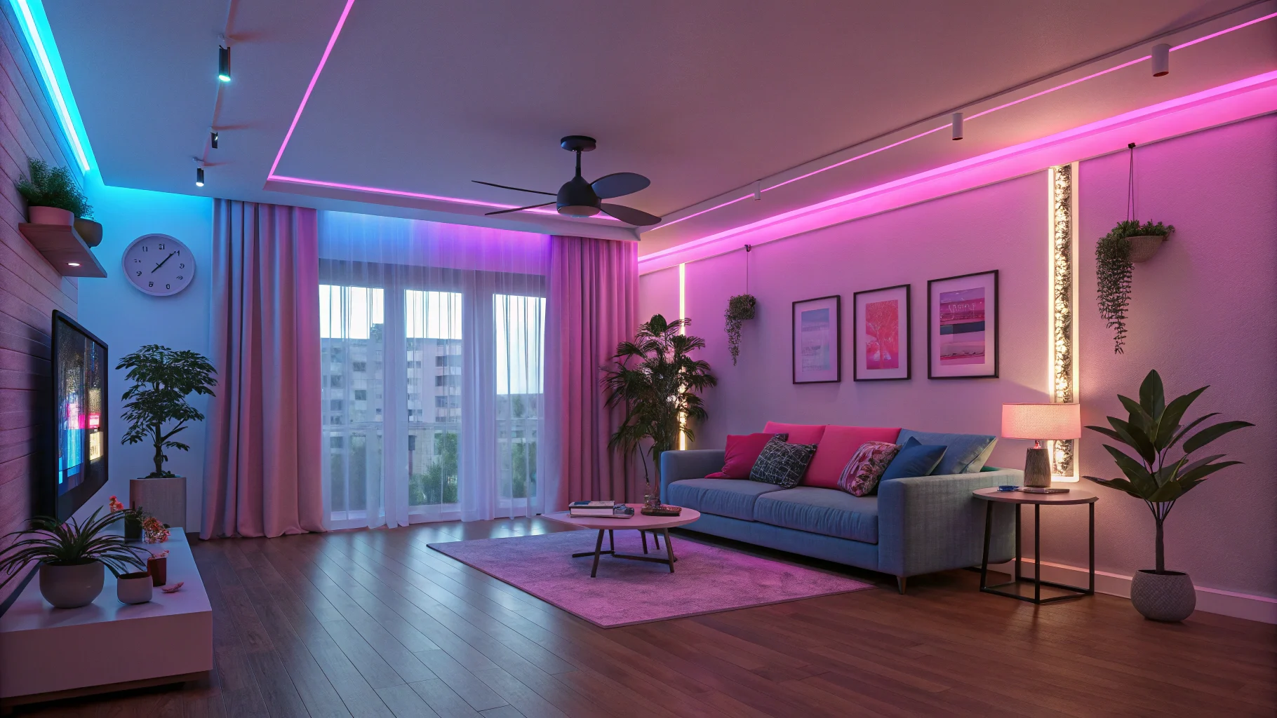 Designing a Modern Living Room with Vibrant Neon Lighting