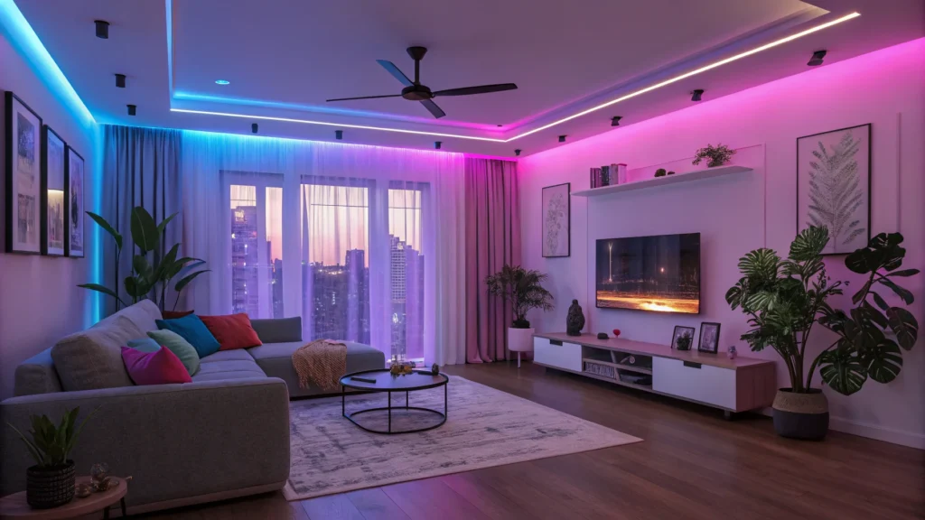 Designing a Modern Living Room with Vibrant Neon Lighting