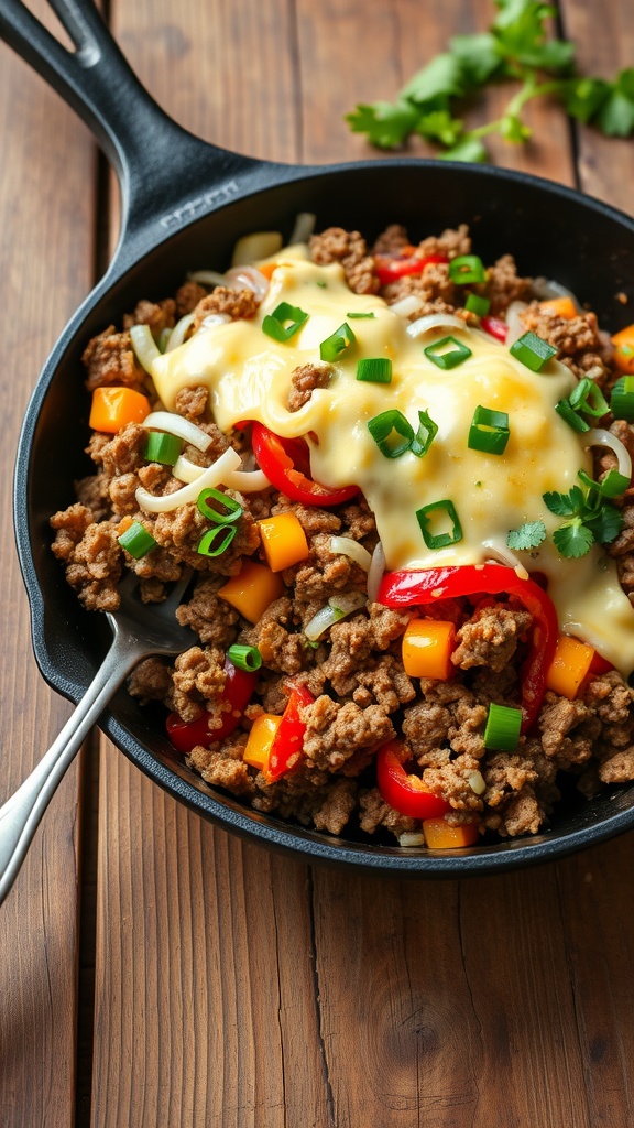 A mouthwatering keto ground beef skillet with bell peppers and onions, topped with cheese, served on a wooden table.