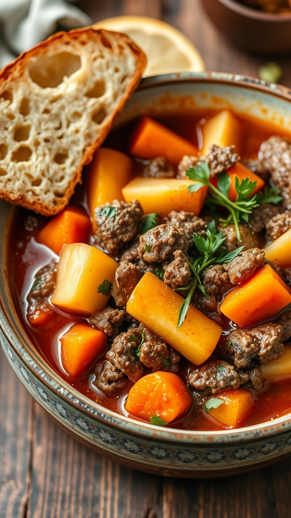 A warm bowl of ground beef and vegetable stew with carrots and potatoes, garnished with herbs and served with bread.