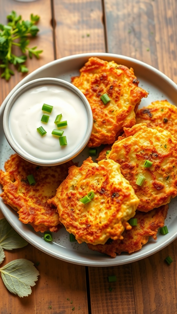 Golden zucchini fritters on a plate, garnished with green onions and accompanied by a creamy dip.