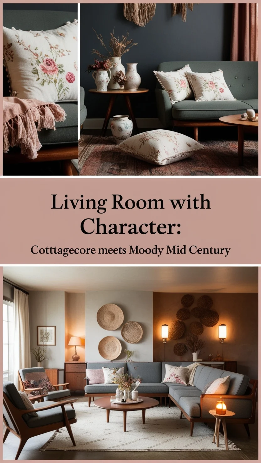 Living Room With Character: Cottagecore Meets Moody Mid Century
