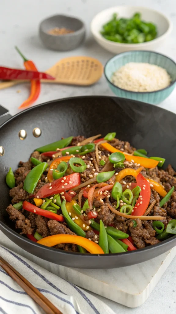 A colorful stir-fry of ground beef, bell peppers, and snap peas over rice, garnished with green onions and sesame seeds.