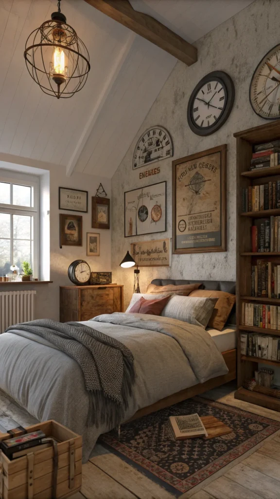 A cozy bedroom with vintage clocks, books, and warm decor.