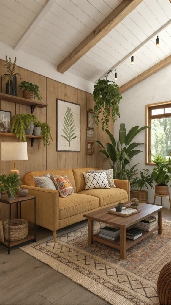 A cozy living room featuring warm colors, plants, and natural decor elements.