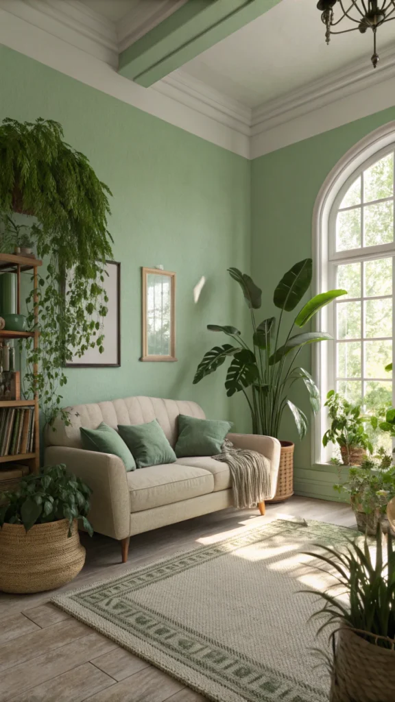 A serene sitting room with soft green walls, a cozy sofa, and plants for a calming atmosphere.