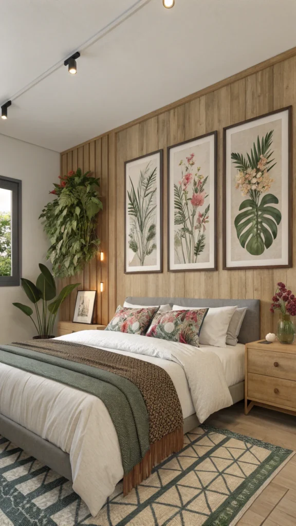 A cozy bedroom featuring botanical wall art with framed plant prints above a neatly made bed.