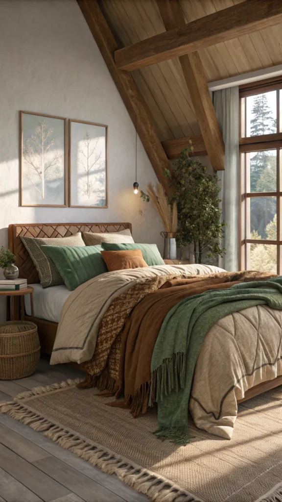 A cozy bed with layered blankets and pillows in earthy tones.